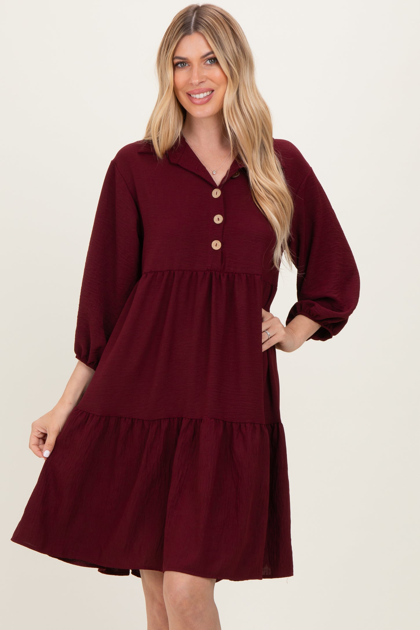 Burgundy Long Sleeve Button Down Collared Tiered Dress