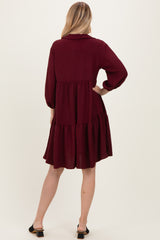 Burgundy Long Sleeve Button Down Collared Tiered Dress
