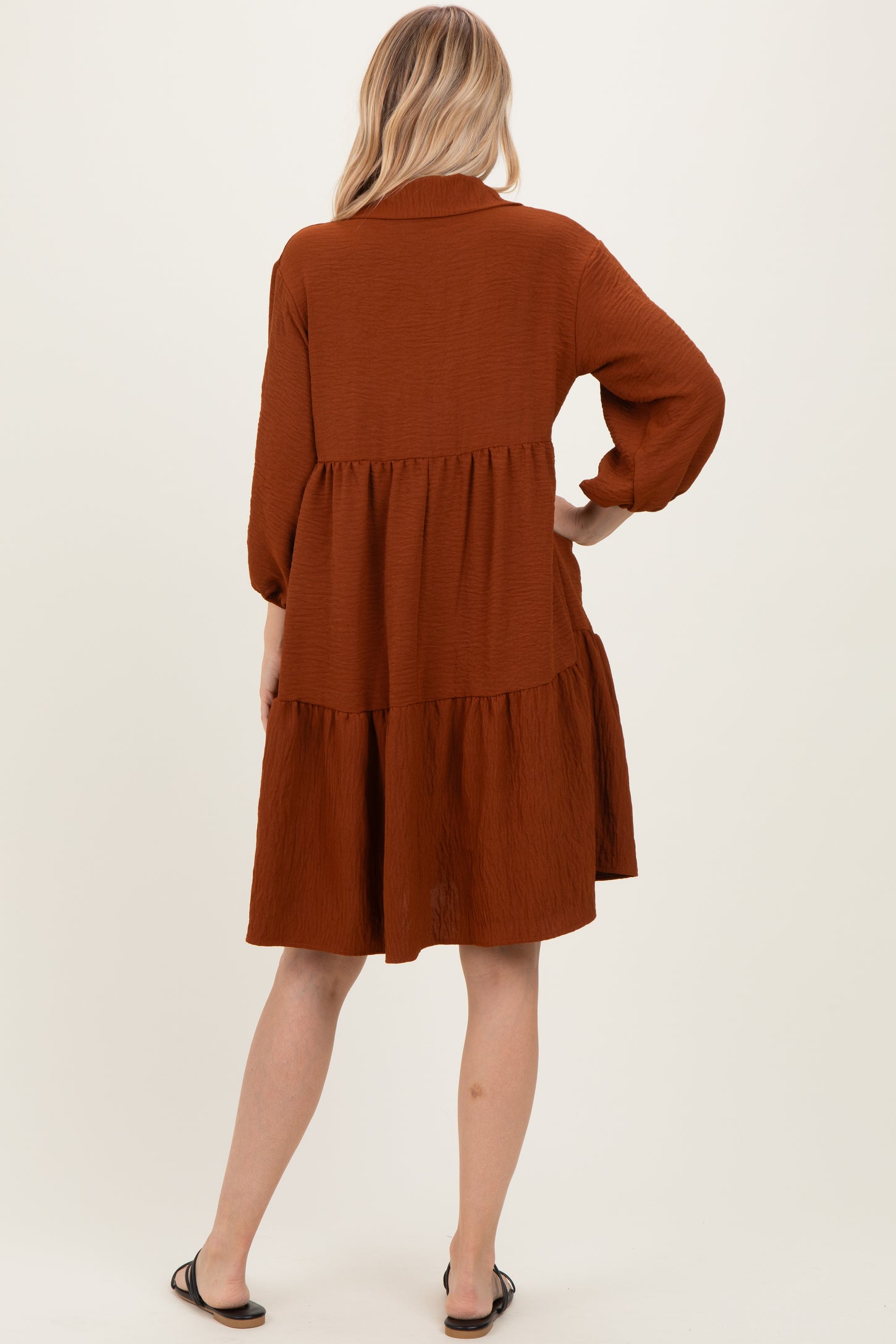 Camel Long Sleeve Button Down Collared Tiered Dress
