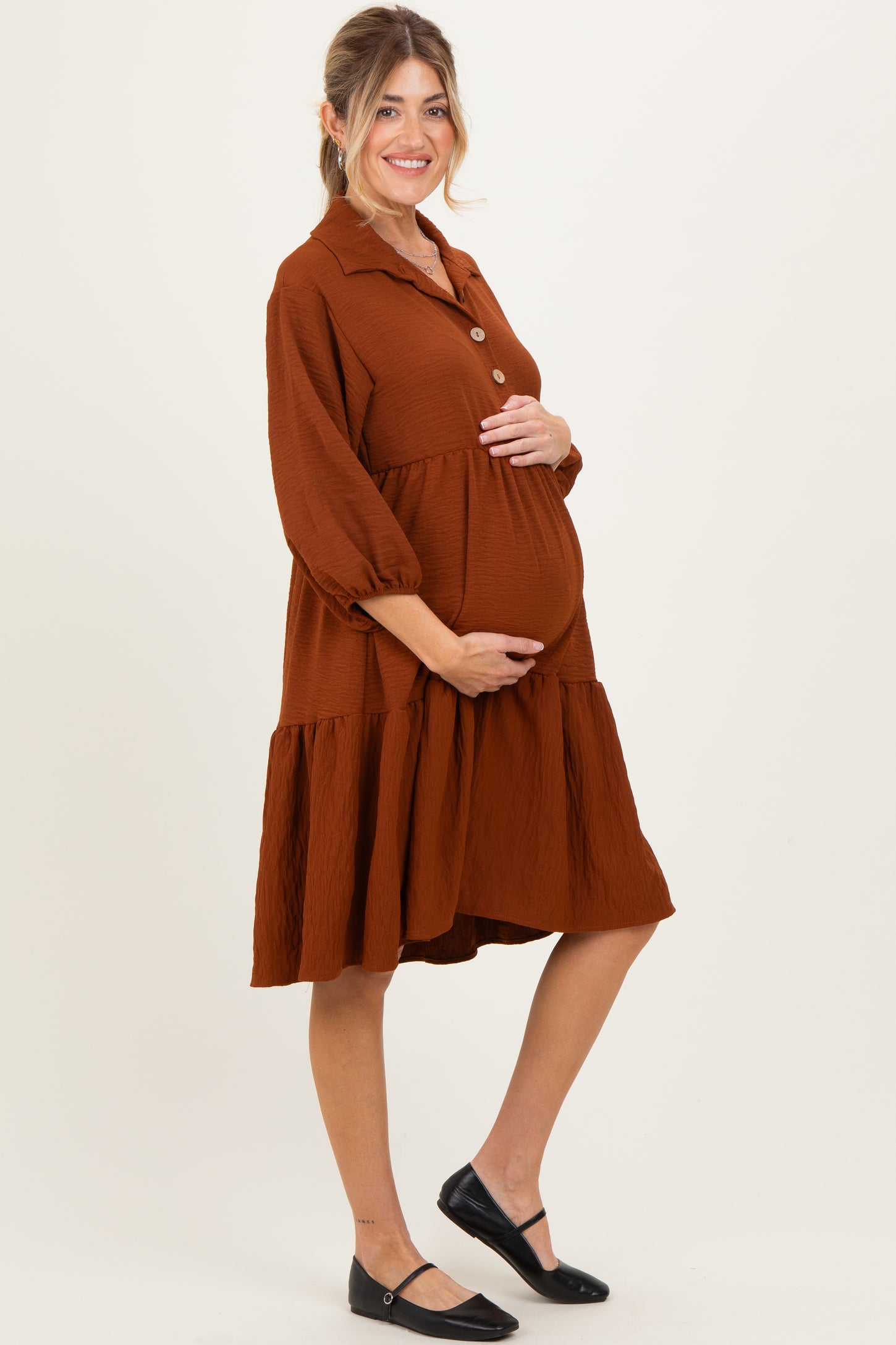 Camel Long Sleeve Button Down Collared Tiered Maternity Dress
