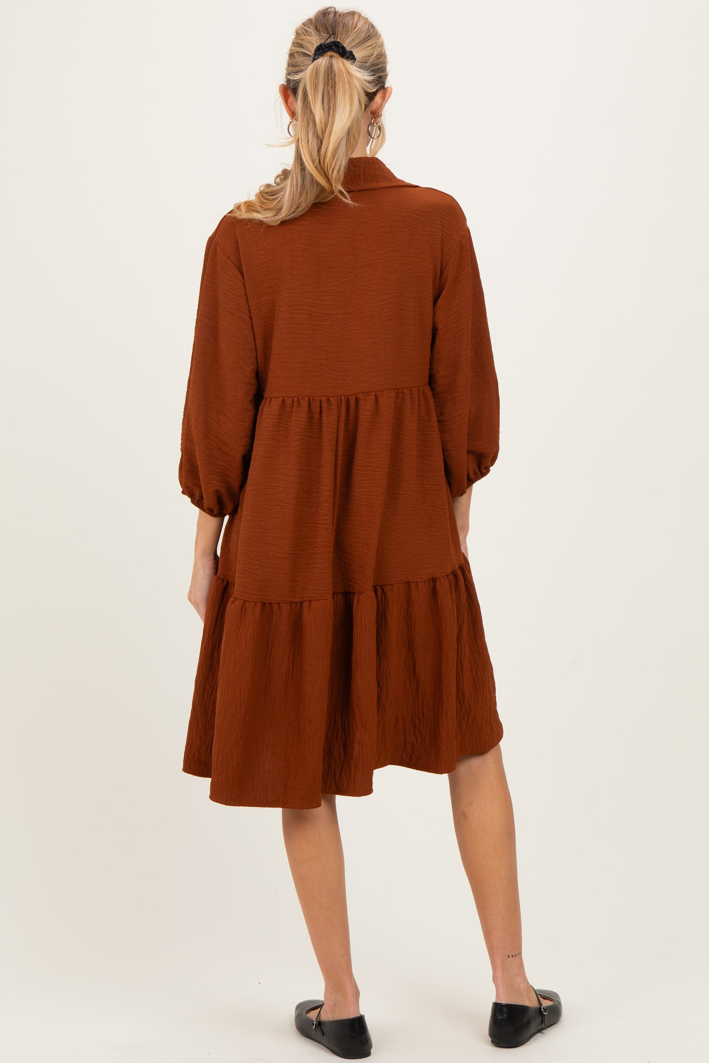 Camel Long Sleeve Button Down Collared Tiered Maternity Dress