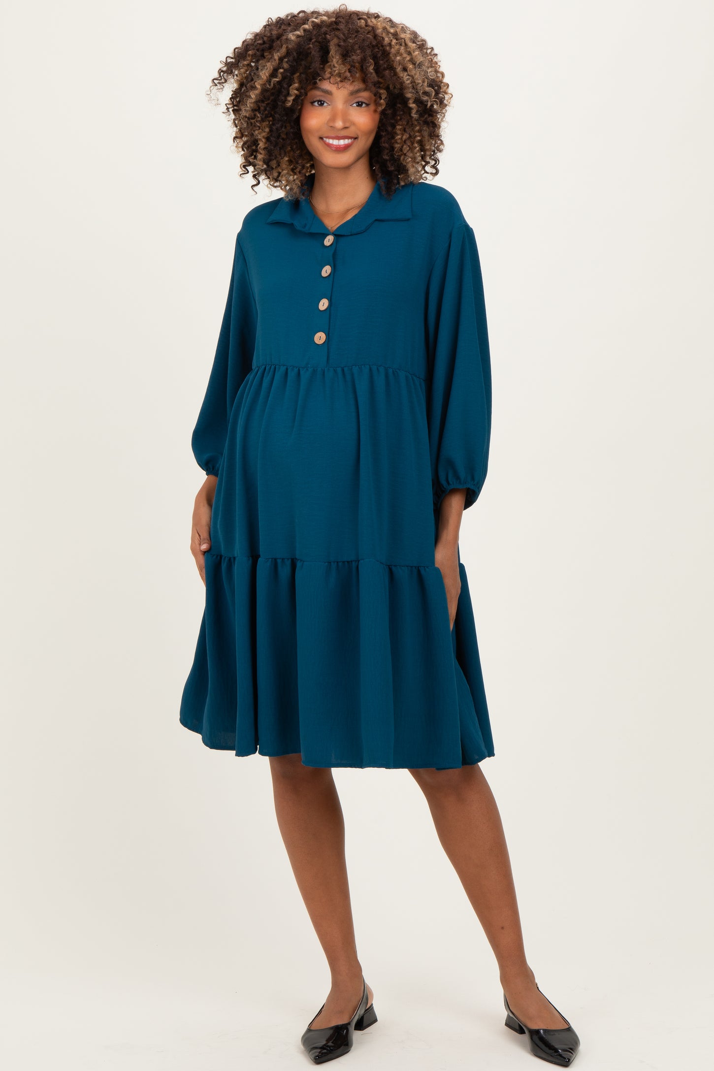 Dark Teal Long Sleeve Button Down Collared Tiered Maternity Dress