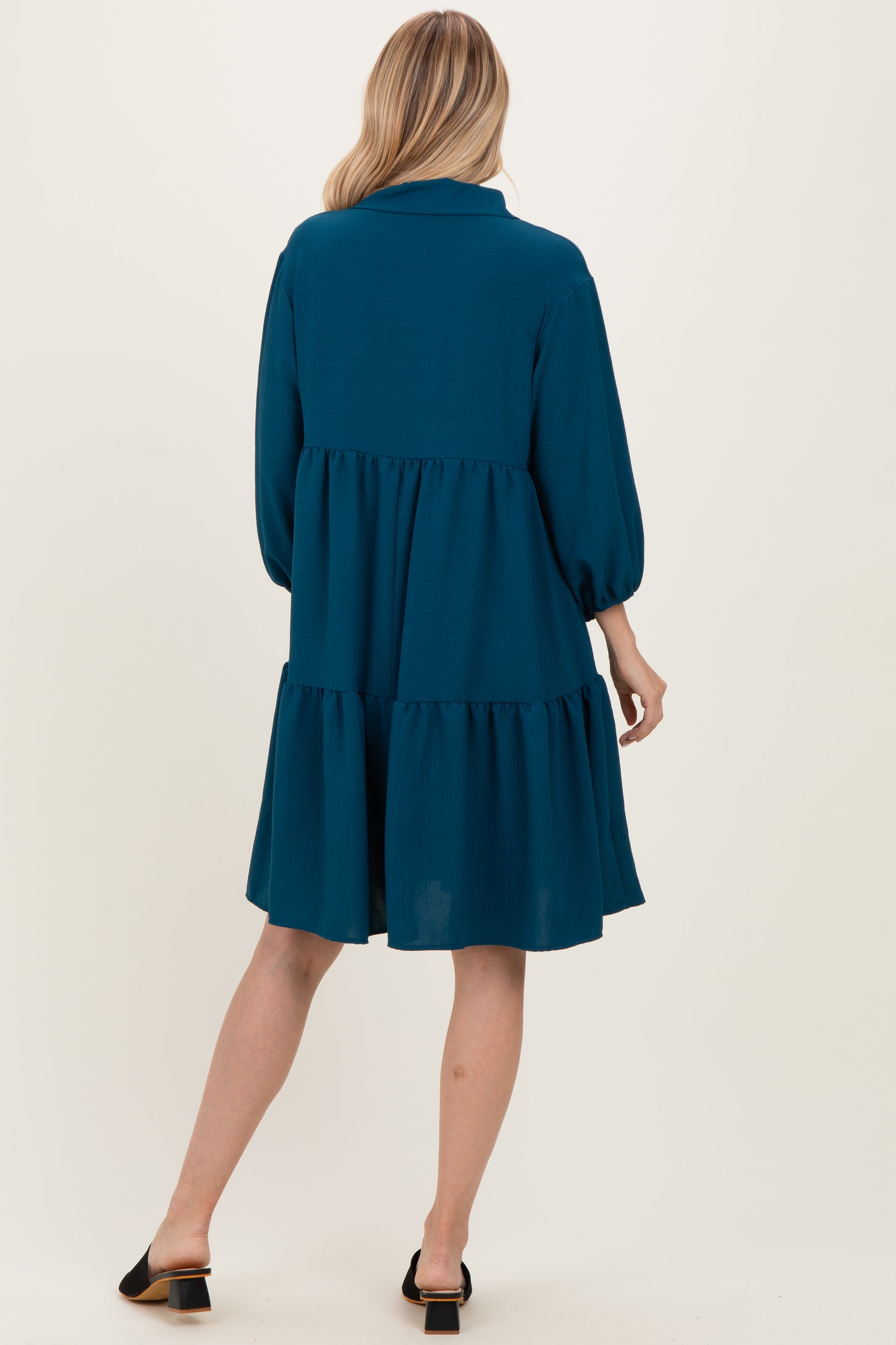 Dark Teal Long Sleeve Button Down Collared Tiered Dress