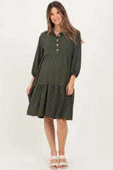 Olive Long Sleeve Button Down Collared Tiered Maternity Dress