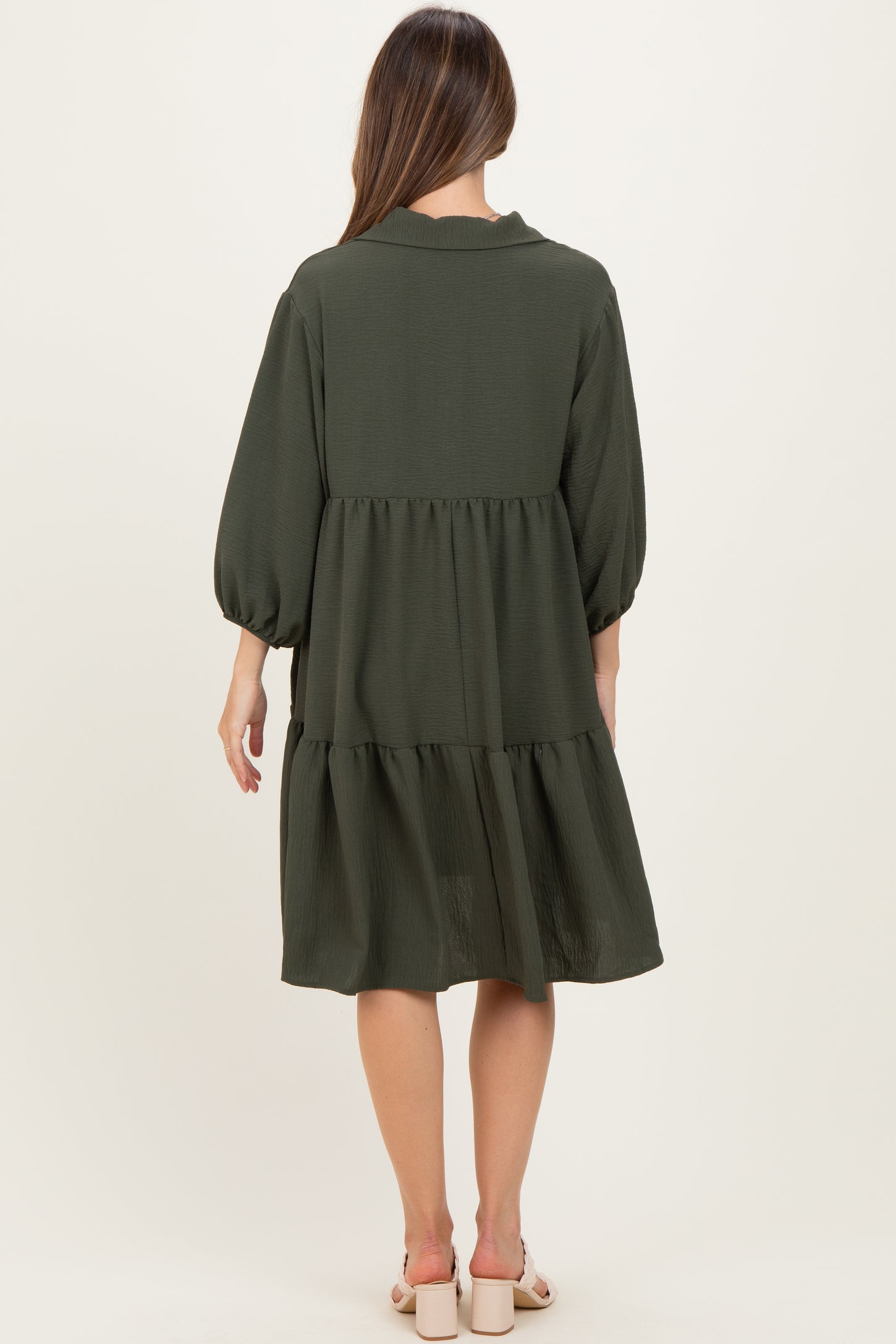 Olive Long Sleeve Button Down Collared Tiered Maternity Dress