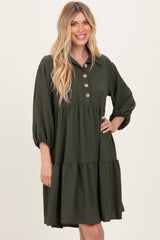 Olive Long Sleeve Button Down Collared Tiered Dress