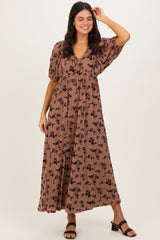 Mocha/Brown Floral Mesh 3/4 Sleeve V-Neck Maxi Dress