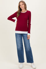 Burgundy Ribbed Long Sleeve Double Layer Maternity Top
