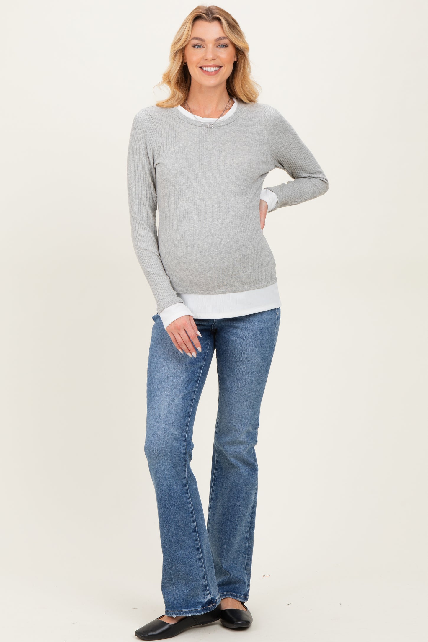 Heather Grey Ribbed Long Sleeve Double Layer Maternity Top