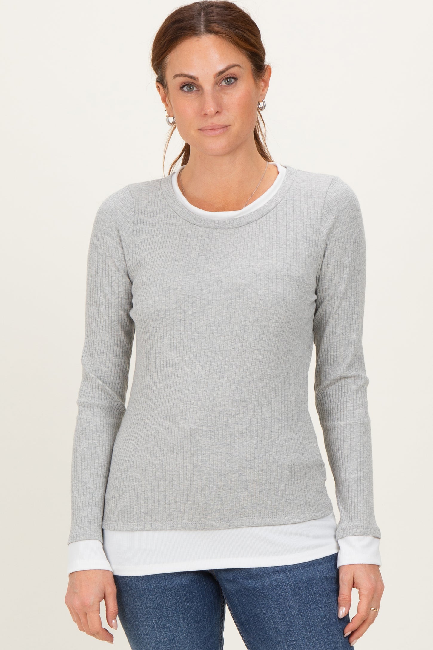Heather Grey Ribbed Long Sleeve Double Layer Maternity Top