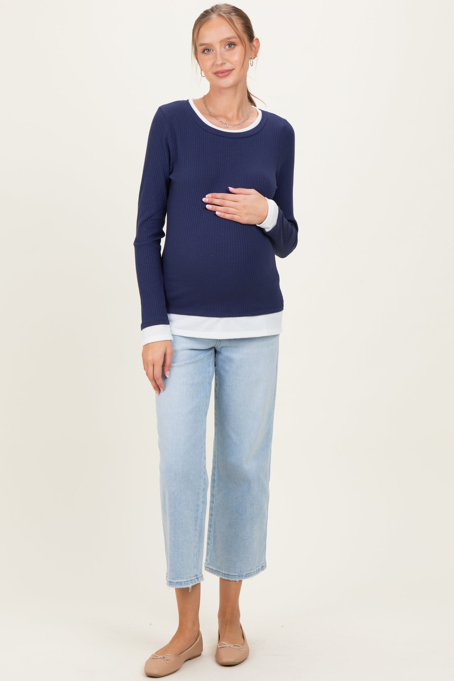 Navy Ribbed Long Sleeve Double Layer Maternity Top