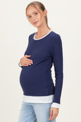 Navy Ribbed Long Sleeve Double Layer Maternity Top