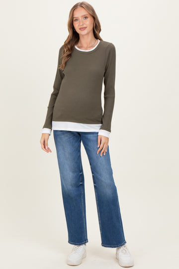 Olive Ribbed Long Sleeve Double Layer Maternity Top