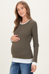 Olive Ribbed Long Sleeve Double Layer Maternity Top