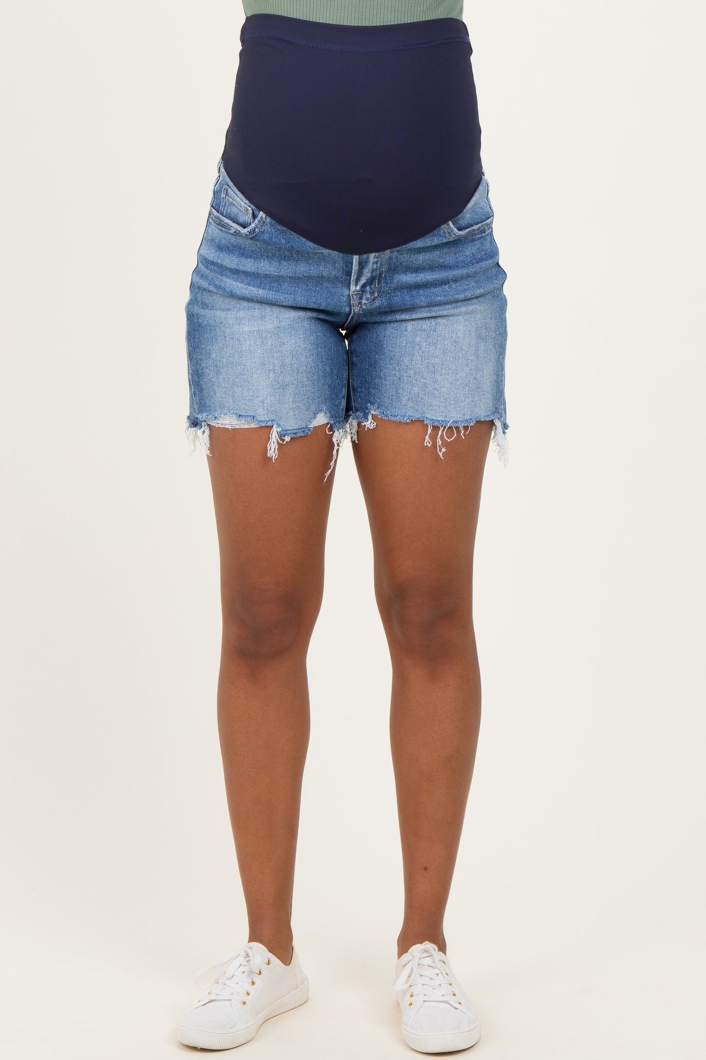 Blue Distressed Frayed Hem Maternity Denim Shorts