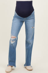Blue Distressed Open Knee Frayed Hem Wide Leg Maternity Jeans