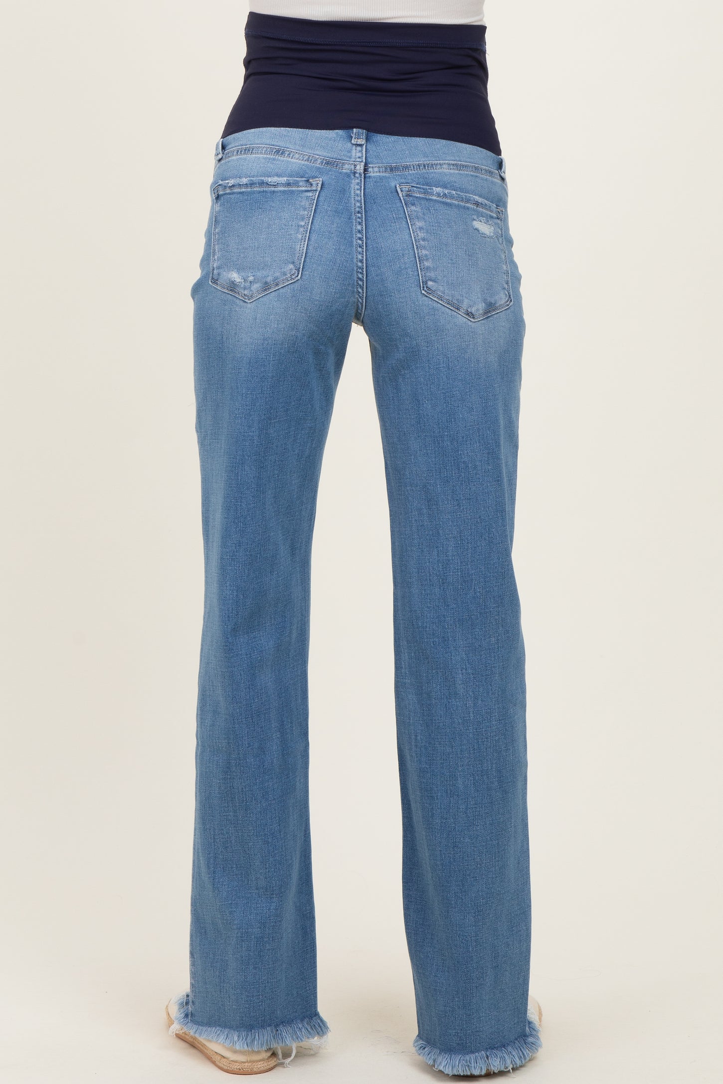 Blue Distressed Open Knee Frayed Hem Wide Leg Maternity Jeans