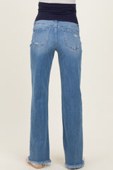 Blue Distressed Open Knee Frayed Hem Wide Leg Maternity Jeans