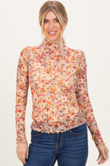 Taupe Floral Mesh Mock Neck Long Sleeve Top