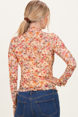 Taupe Floral Mesh Mock Neck Long Sleeve Top