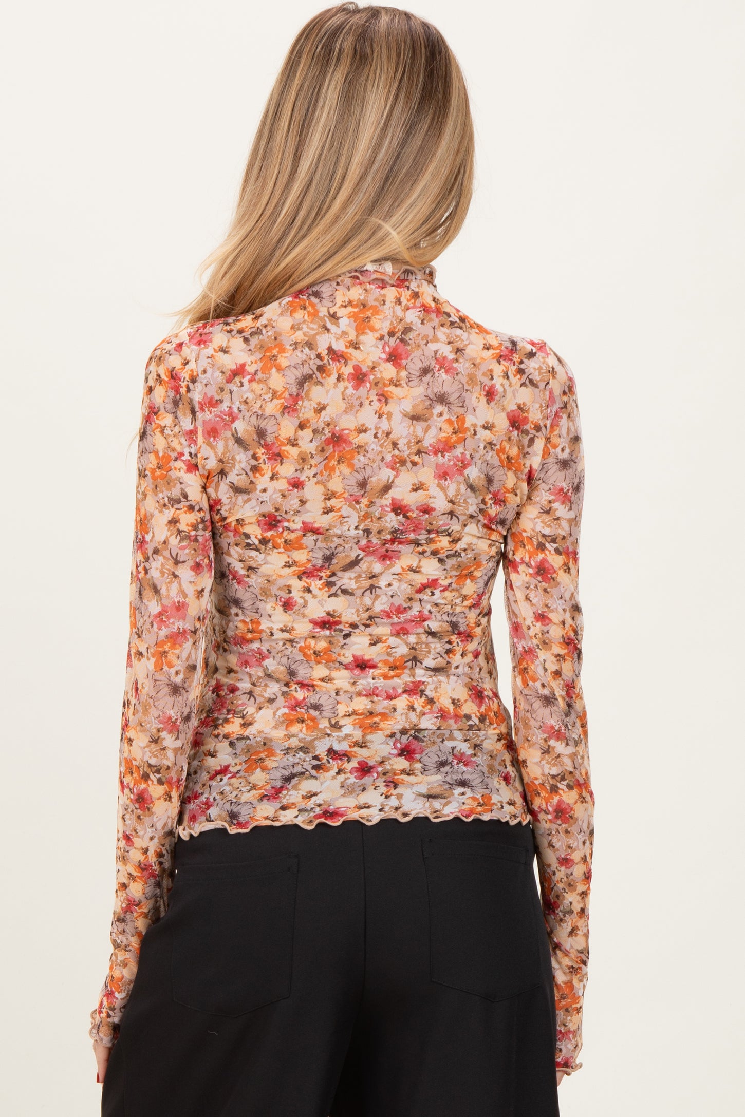 Taupe Floral Mesh Mock Neck Long Sleeve Maternity Top