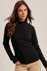 Black Mock Neck Long Sleeve Brushed Lace Top