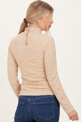 Beige Mock Neck Long Sleeve Brushed Lace Top