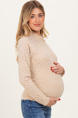 Beige Mock Neck Long Sleeve Brushed Lace Maternity Top
