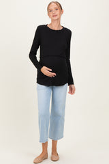Black Ribbed Ruffle Detail Maternity/Nursing Long Sleeve Top