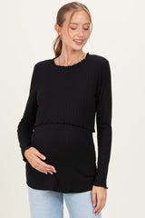 Black Ribbed Ruffle Detail Maternity/Nursing Long Sleeve Top
