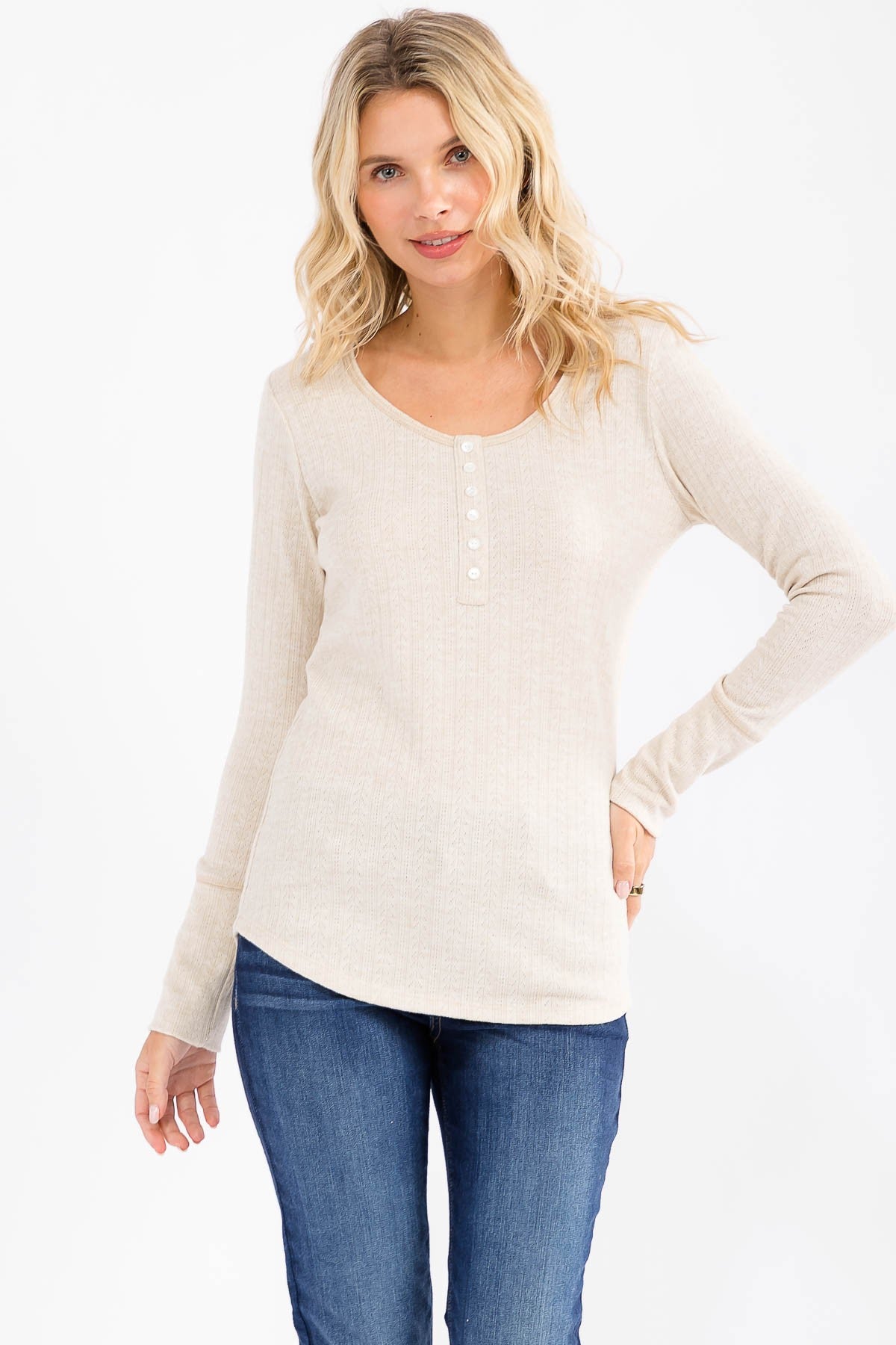 Oatmeal Pointelle Knit Maternity Henley Top