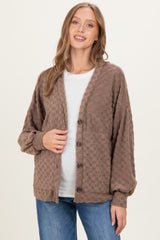 Mocha Checkered Knit Button Front Maternity Cardigan