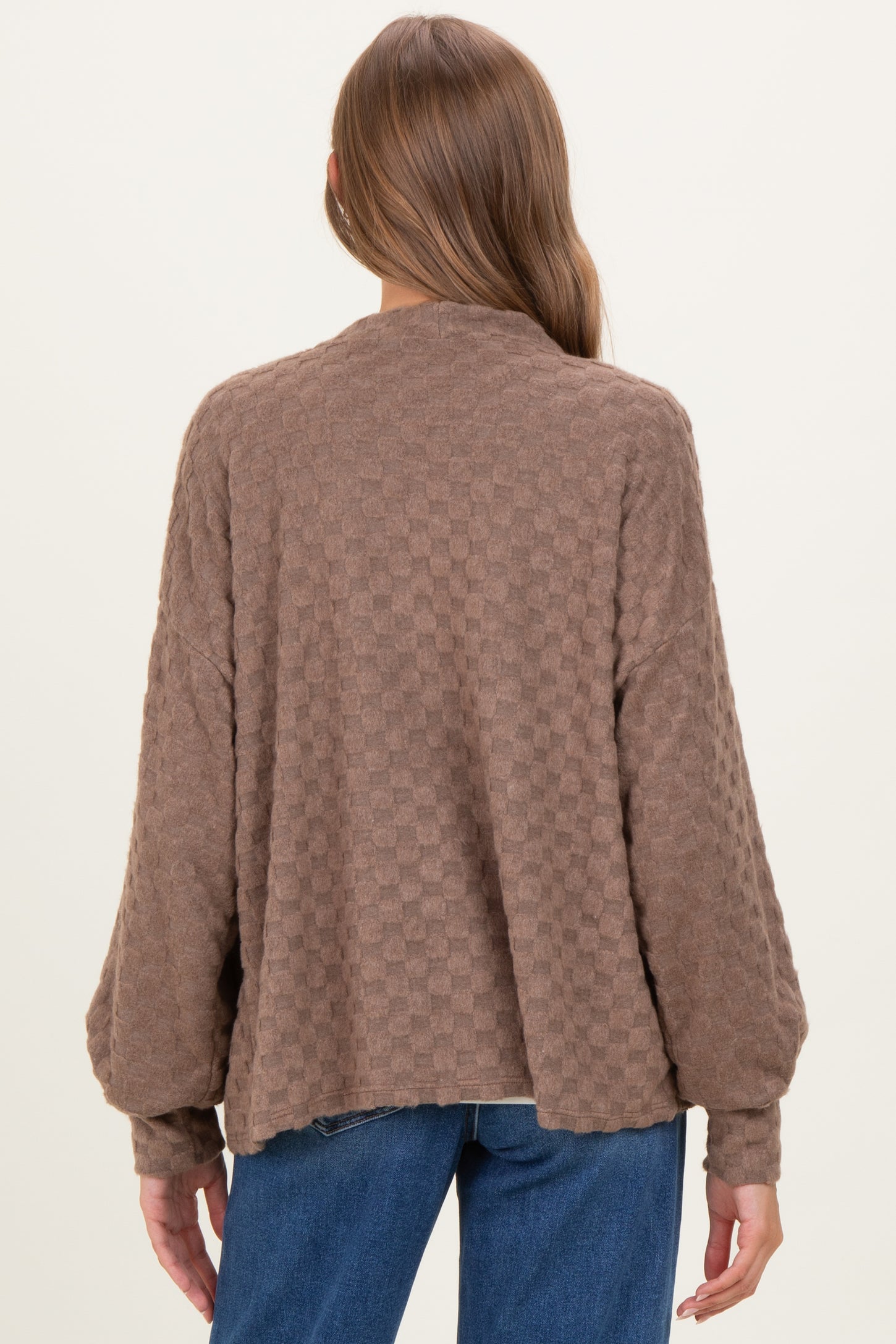 Mocha Checkered Knit Button Front Maternity Cardigan