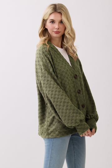 Olive Checkered Knit Button Front Cardigan