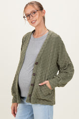 Olive Checkered Knit Button Front Maternity Cardigan