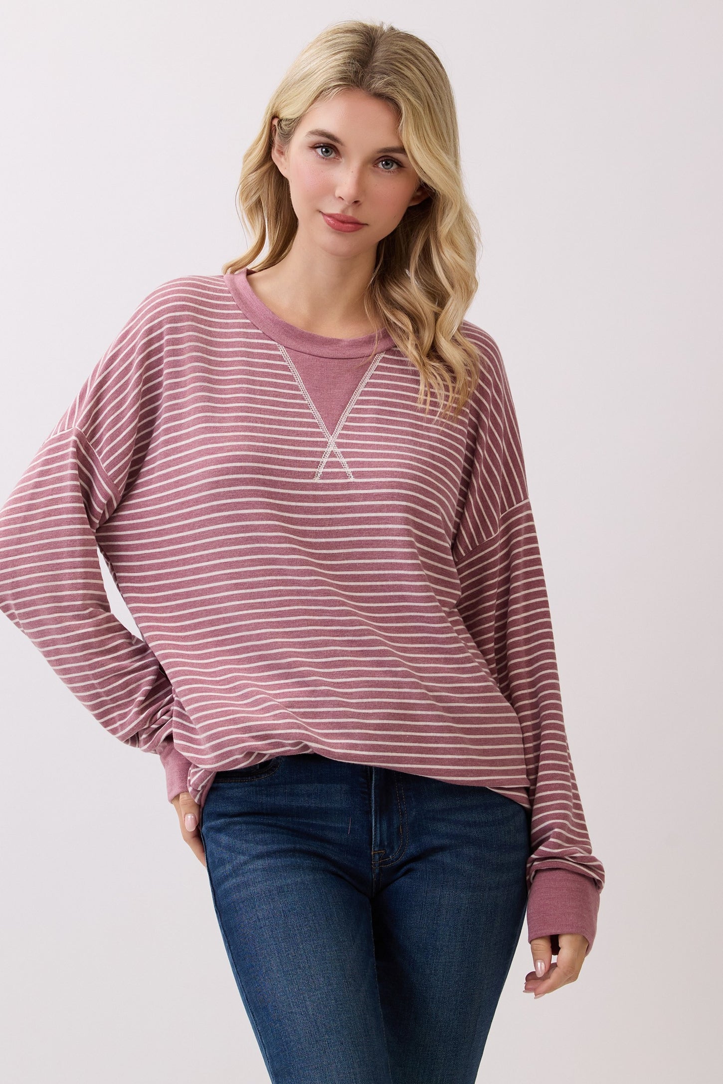 Mauve Striped Crew Neck Pullover Top