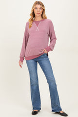 Mauve Striped Crew Neck Pullover Maternity Top