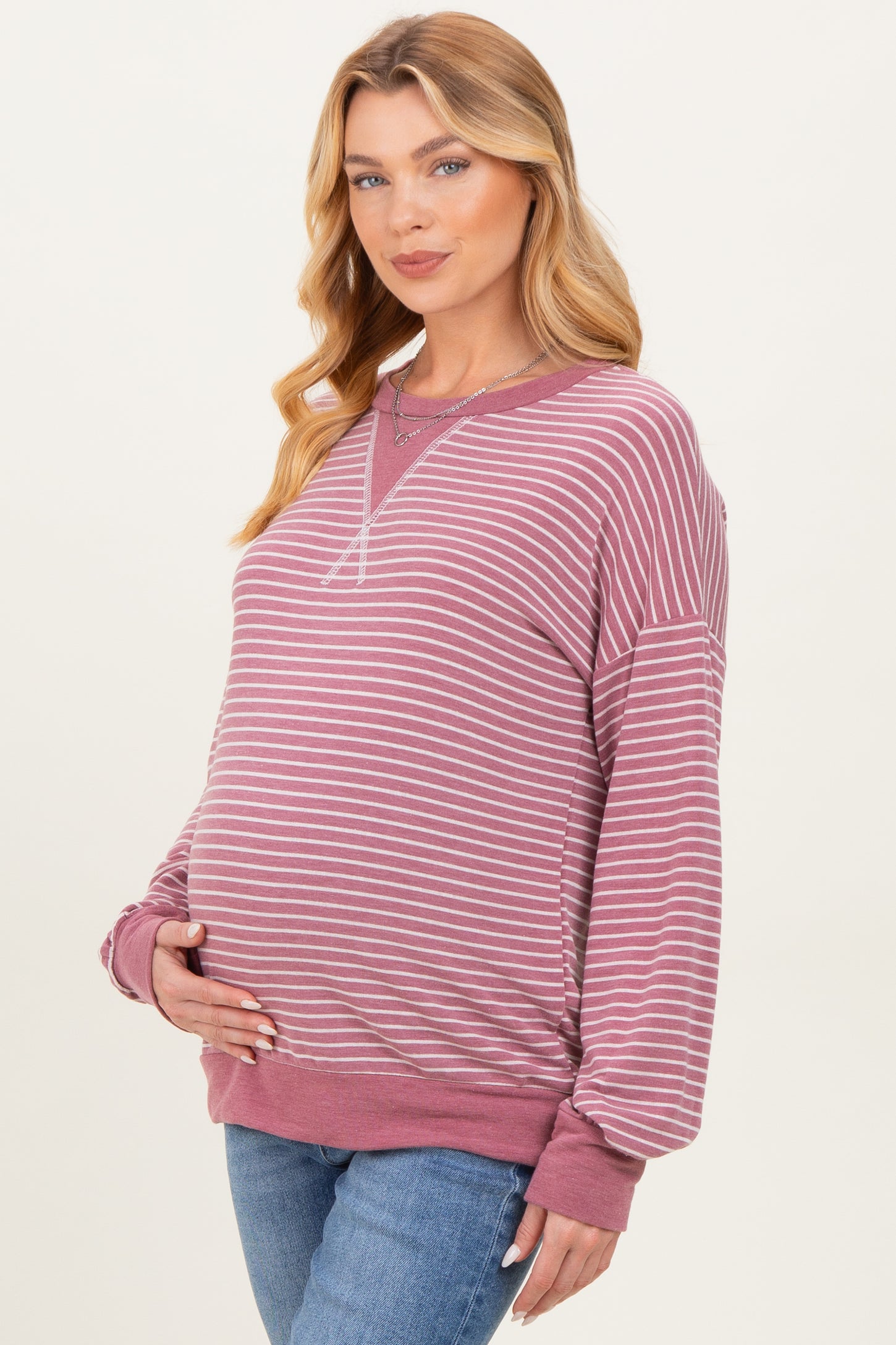 Mauve Striped Crew Neck Pullover Maternity Top