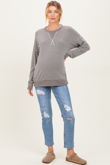 Taupe Striped Crew Neck Pullover Maternity Top