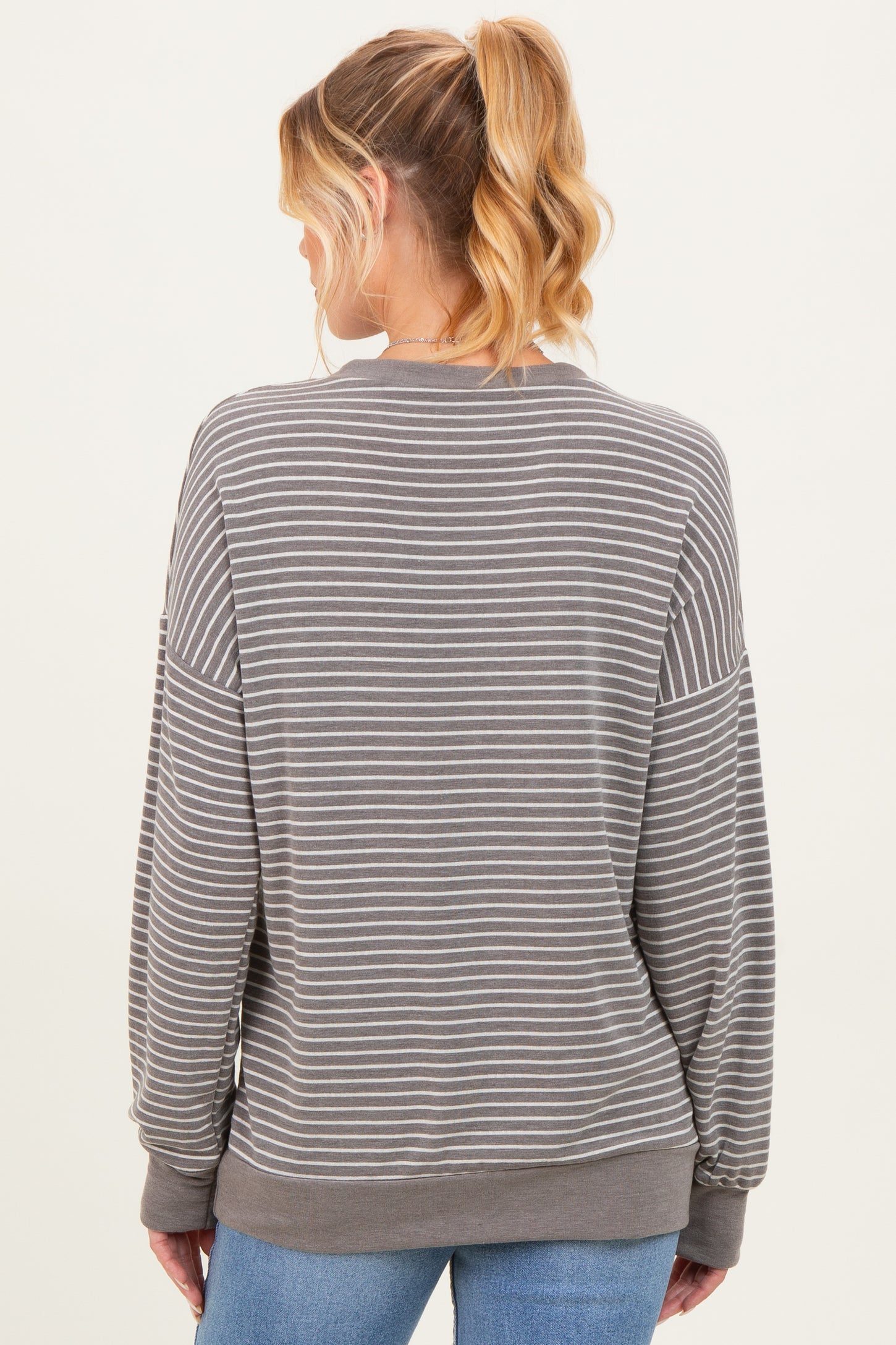 Taupe Striped Crew Neck Pullover Maternity Top