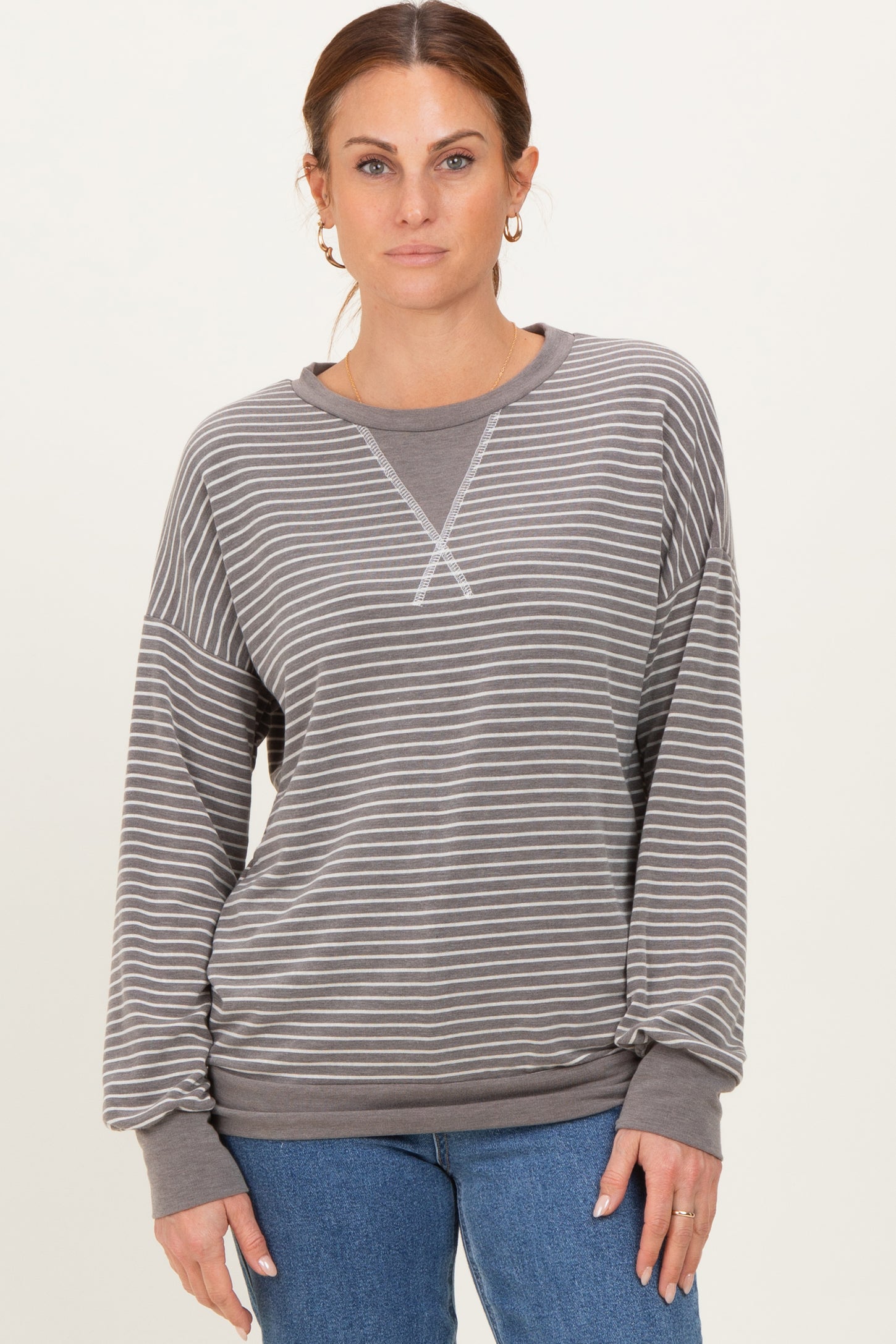 Taupe Striped Crew Neck Pullover Top