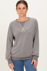 Taupe Striped Crew Neck Pullover Top