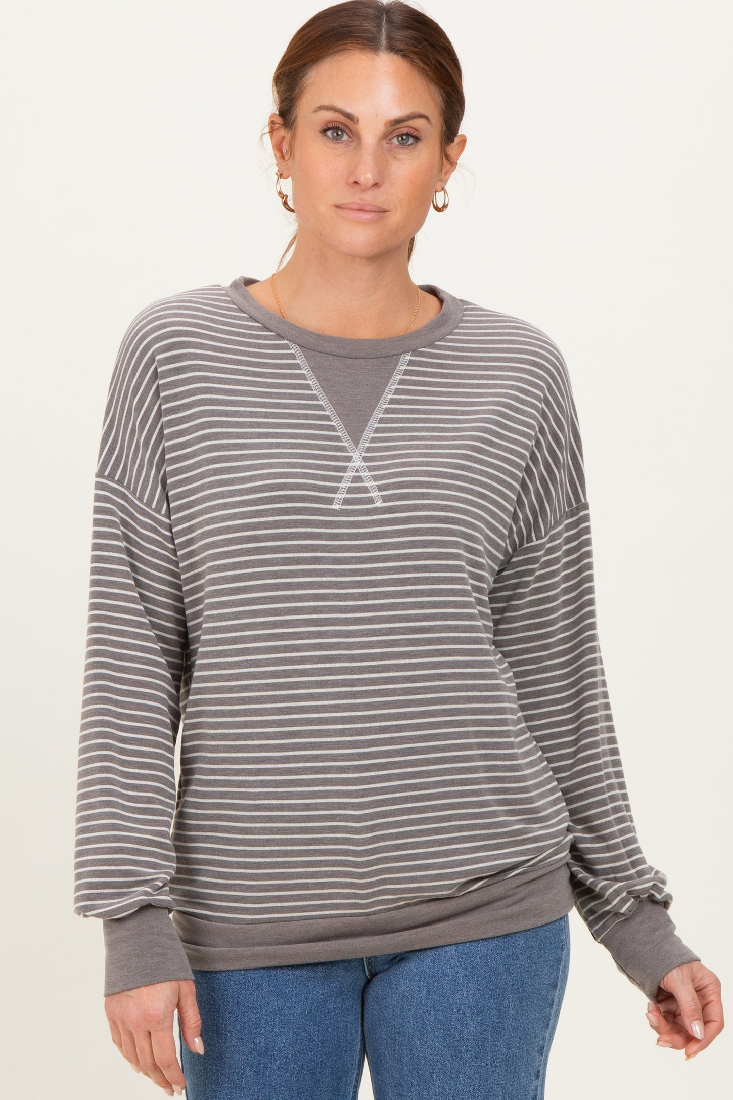 Taupe Striped Crew Neck Pullover Top