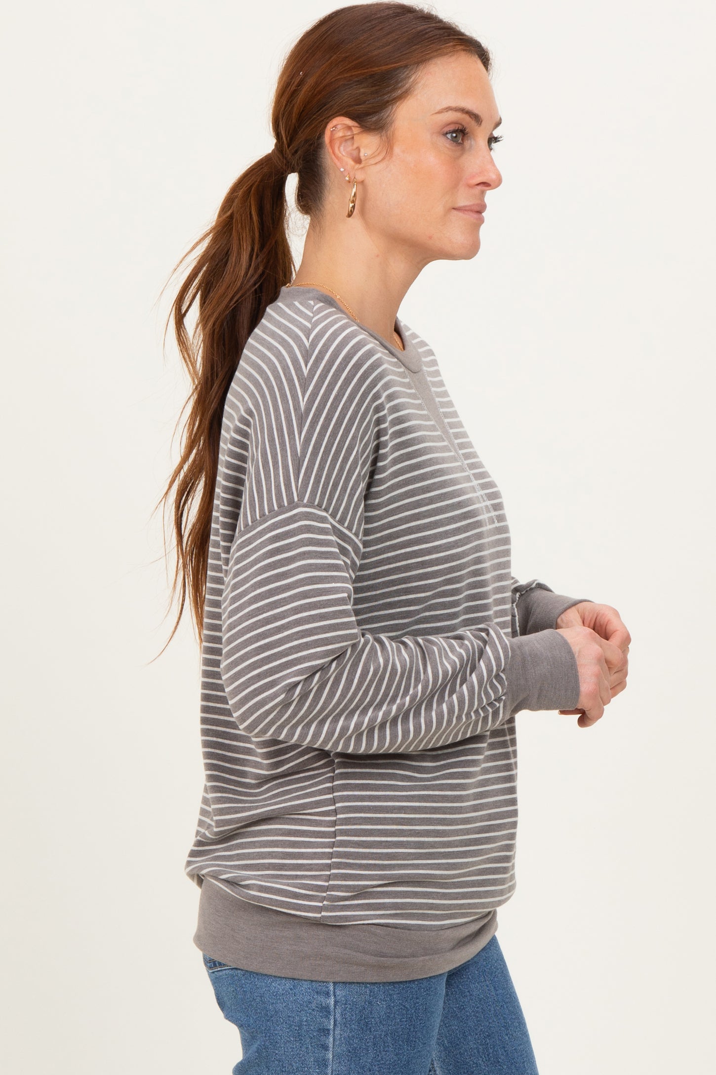 Taupe Striped Crew Neck Pullover Top