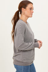 Taupe Striped Crew Neck Pullover Top