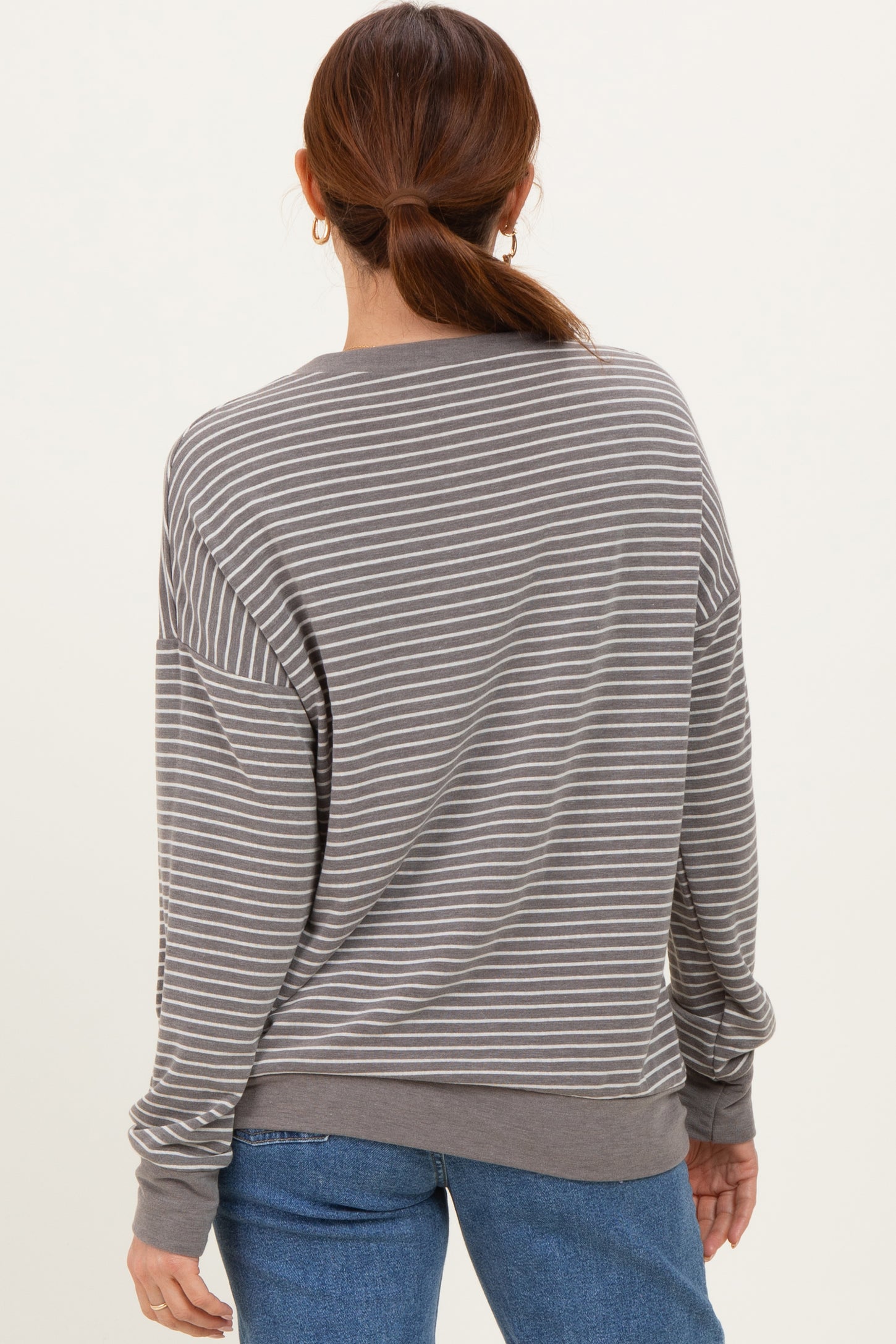 Taupe Striped Crew Neck Pullover Top