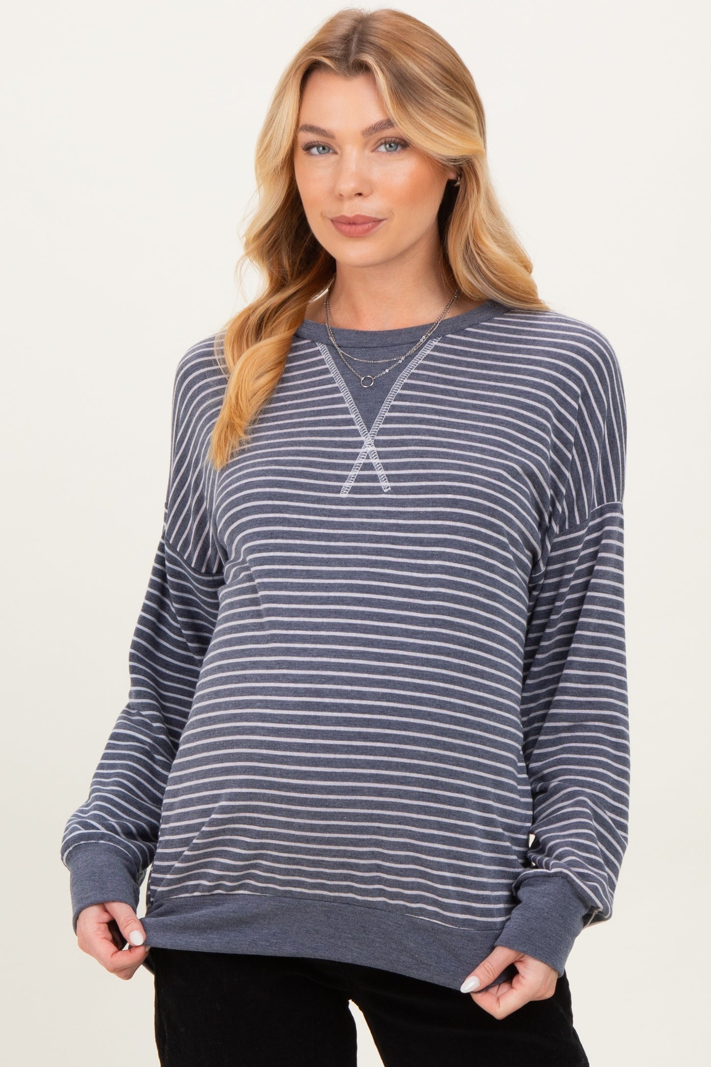 Navy Striped Crew Neck Pullover Maternity Top