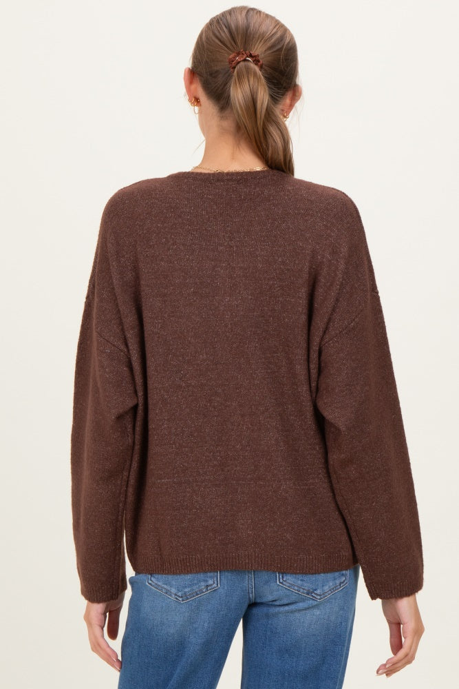 Brown Classic Crew Neck Maternity Button Cardigan