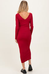 Dark Red V-Neck Long Sleeve Fitted Maternity Maxi Dress