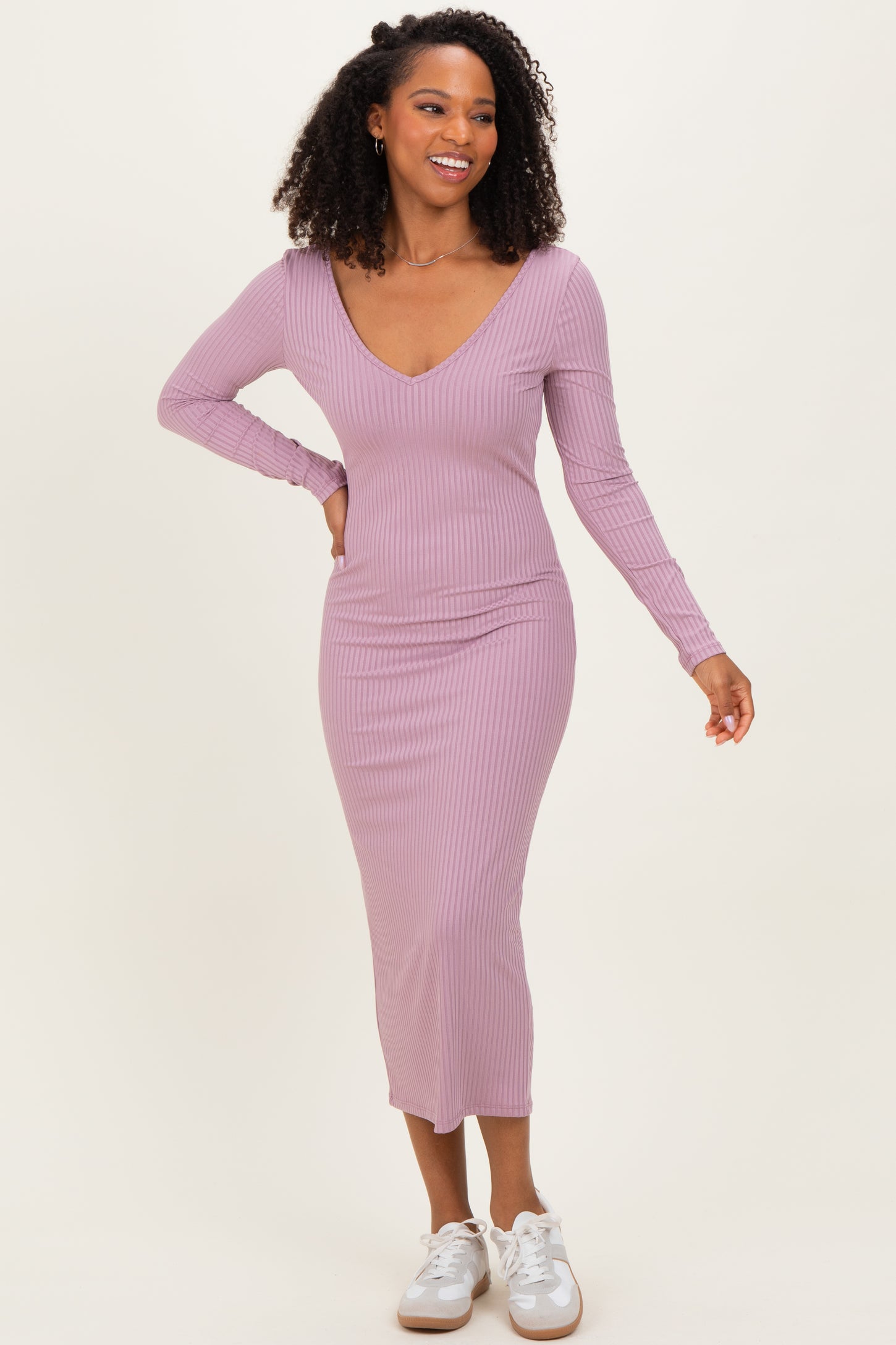 Violet V-Neck Long Sleeve Fitted Maternity Maxi Dress